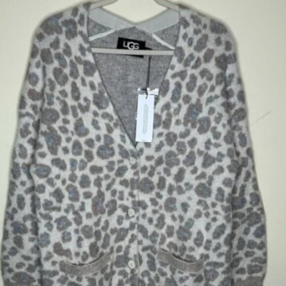 Ugg Sweater Cardigan Alpaca Wool Gray Cream Leopard Animal Print Pockets NWT - Picture 1 of 9